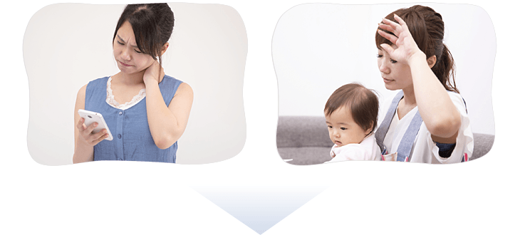 スマホをいじっている時に首のコリや痛みを感じる女性と、頭痛がありながらも育児を頑張る女性